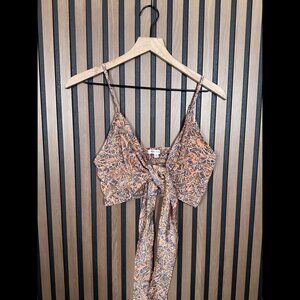 Karma Highway Tie Top OS Womens Orange Geometric Smocked Cropped Boho Chic